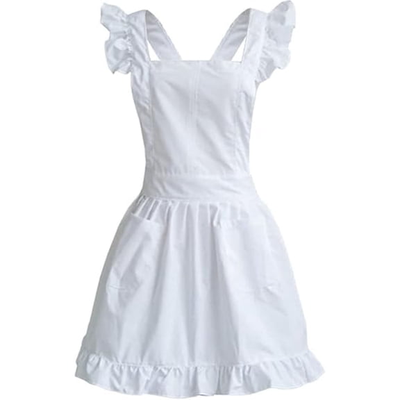 Fiykzur Women Ruffled Apron with Pocket Cotton Apron Pinafore Dress Ruffle Maid Apron Kitchen Cooking Apron for Baking Gardening