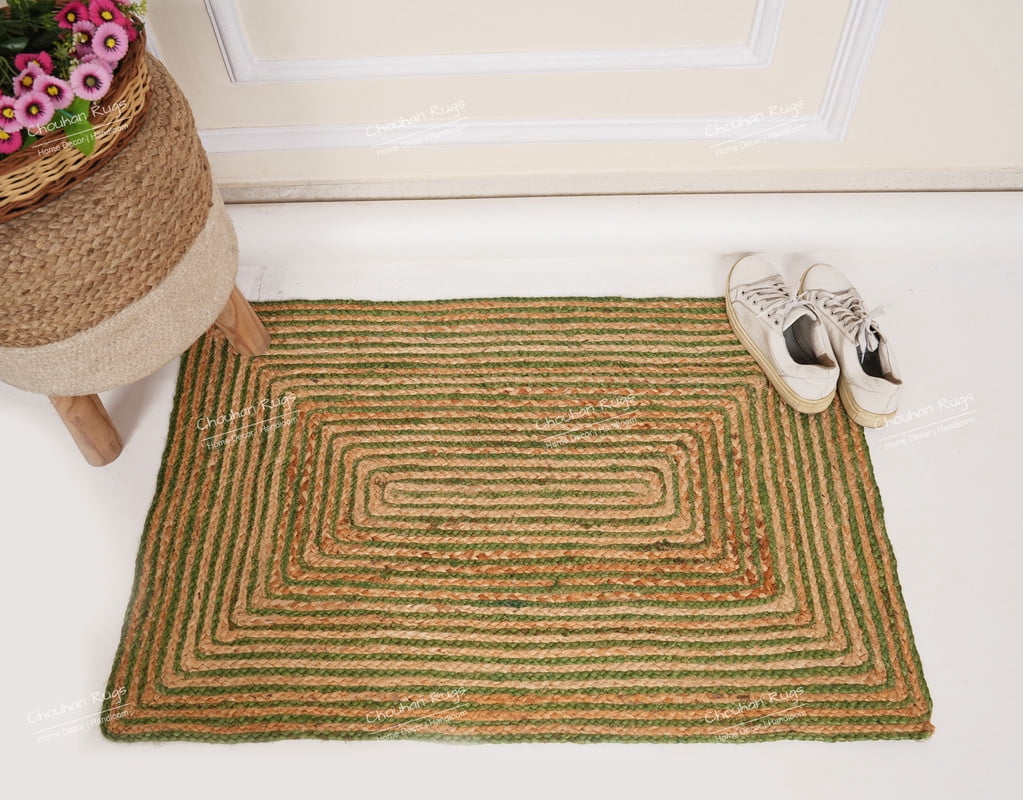 Rectangle Rug Natural Jute Rug Hand Braided Beige and Green Color Rounding Line Area Rug