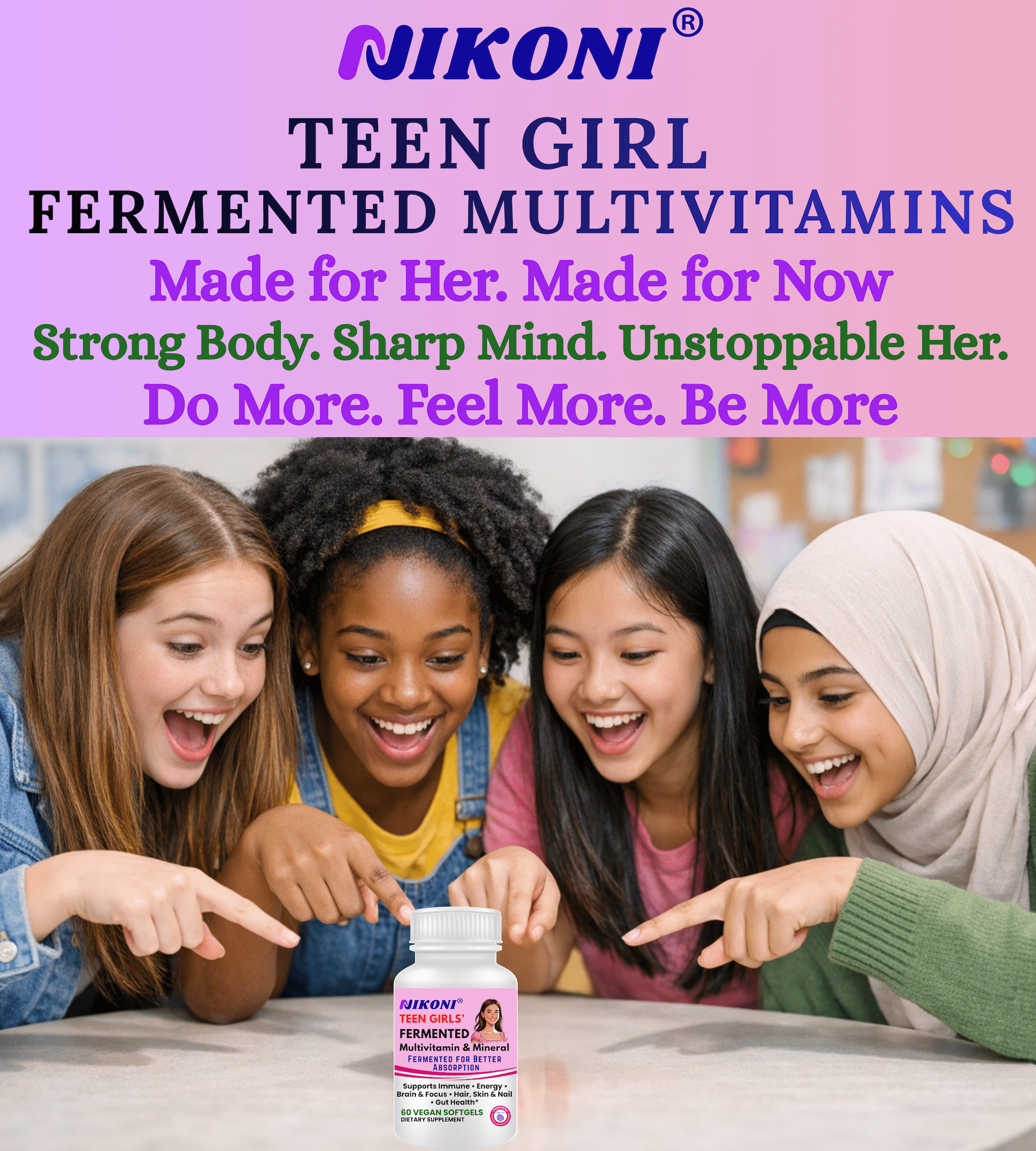 Nikoni Teen Girls' Fermented Multivitamin Mineral Vegan Softgels for Better Absorption 60 Count