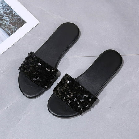CAICJ98 Wedge Sandals for Women Women s Summer Sandals Bohemian Beaded Ankle Walking Strap Casual Flip Flops Ladies Beach Flats Comfortable Shoes Black