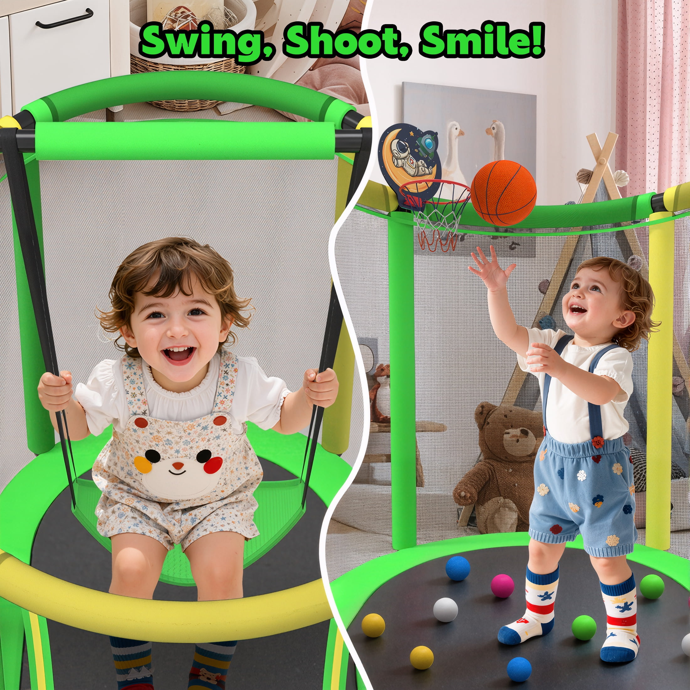 60" Toddler Trampoline with Safety Enclosure Net, SEGMART Upgraded Kids Trampoline with Basketball Hoop, Swing, Rings, Balls, Indoor Outdoor Mini Trampoline Birthday Gift for Kids Ages 3-9