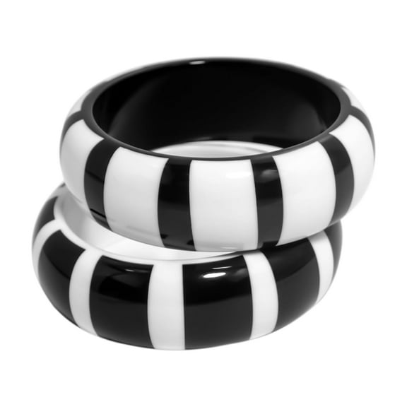 Pure Hands Resin Bangle Bracelet Set of 2 - Black and White  Melon Stripe Half-Rounded, Symbolic Handmade Jewelry for Women
