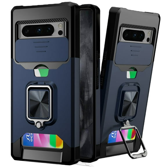 For Google Pixel 8 Pro 5G Multi-Functional Card Magnetic Ring Stand Hybrid Camera Case Cover - Blue