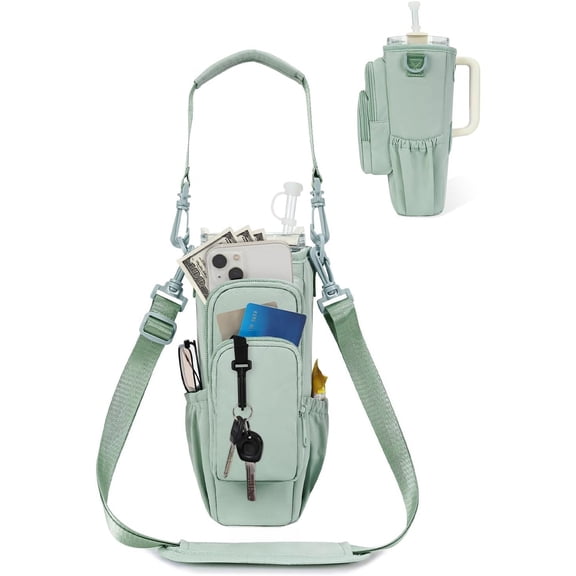 Tumbler Carrier Bag with Multi Zipper Pockets, Adjustable Padded Crossbody Strap Holder for Large Handled Cup, Thermal Storage Pouch for Hiking Travel Gym Outdoor