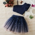thumbnail image 4 of Odeerbi 3-8 Years Toddler Girls Summer Outfits Rib Knit One Shoulder Cropped Tops with Sparkly Tulle Skirt Two-piece Set Ruffled Lace Bow Princess Skirt Toddler Girls Clothes, 4 of 9