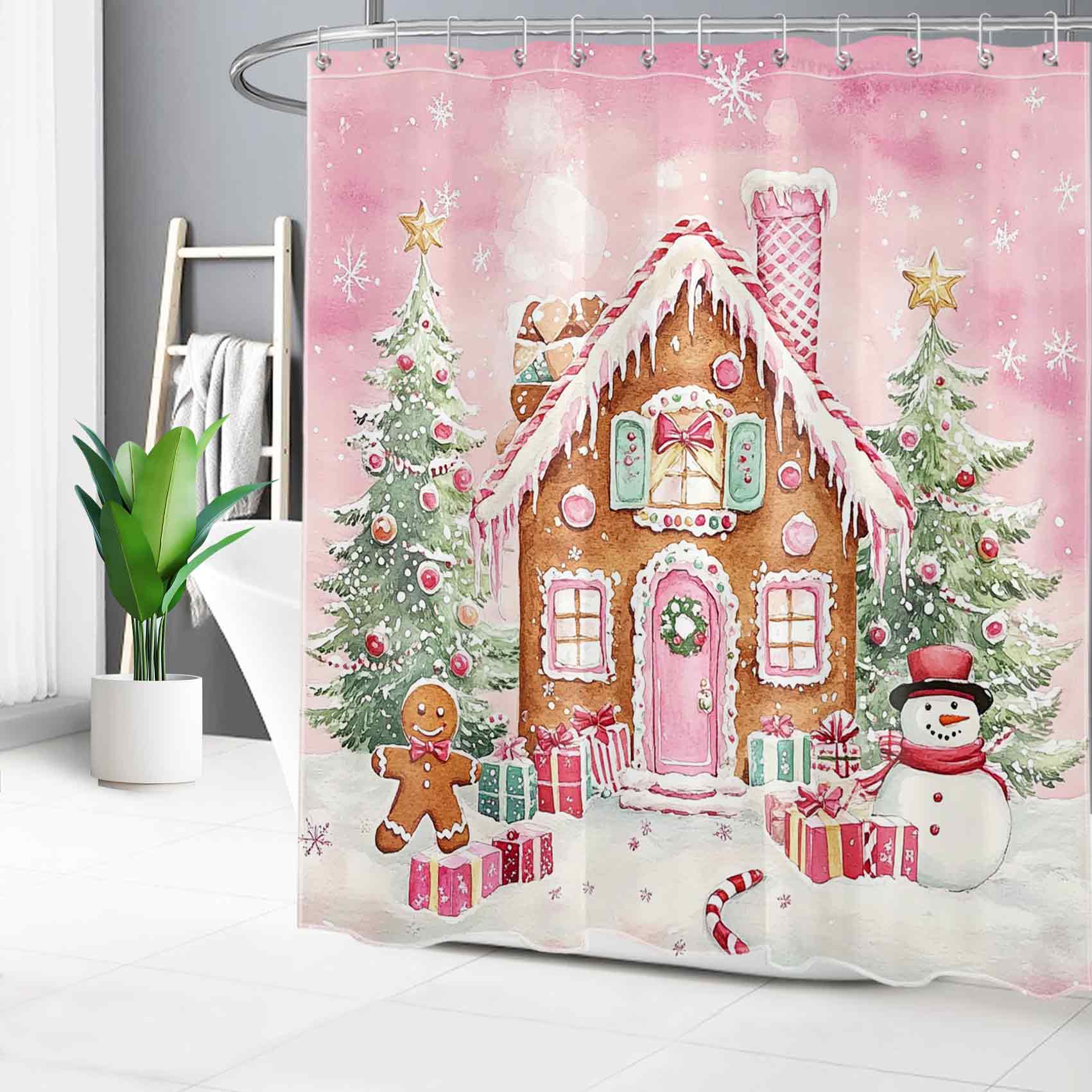 NEONWE Pink Christmas Gingerbread House Shower Curtain Christmas Trees Winter Cute Candy Snowman Bathroom Shower Curtain Decor Polyester Waterproof Fabric with 12 Pack Plastic Hook 72" X 72"