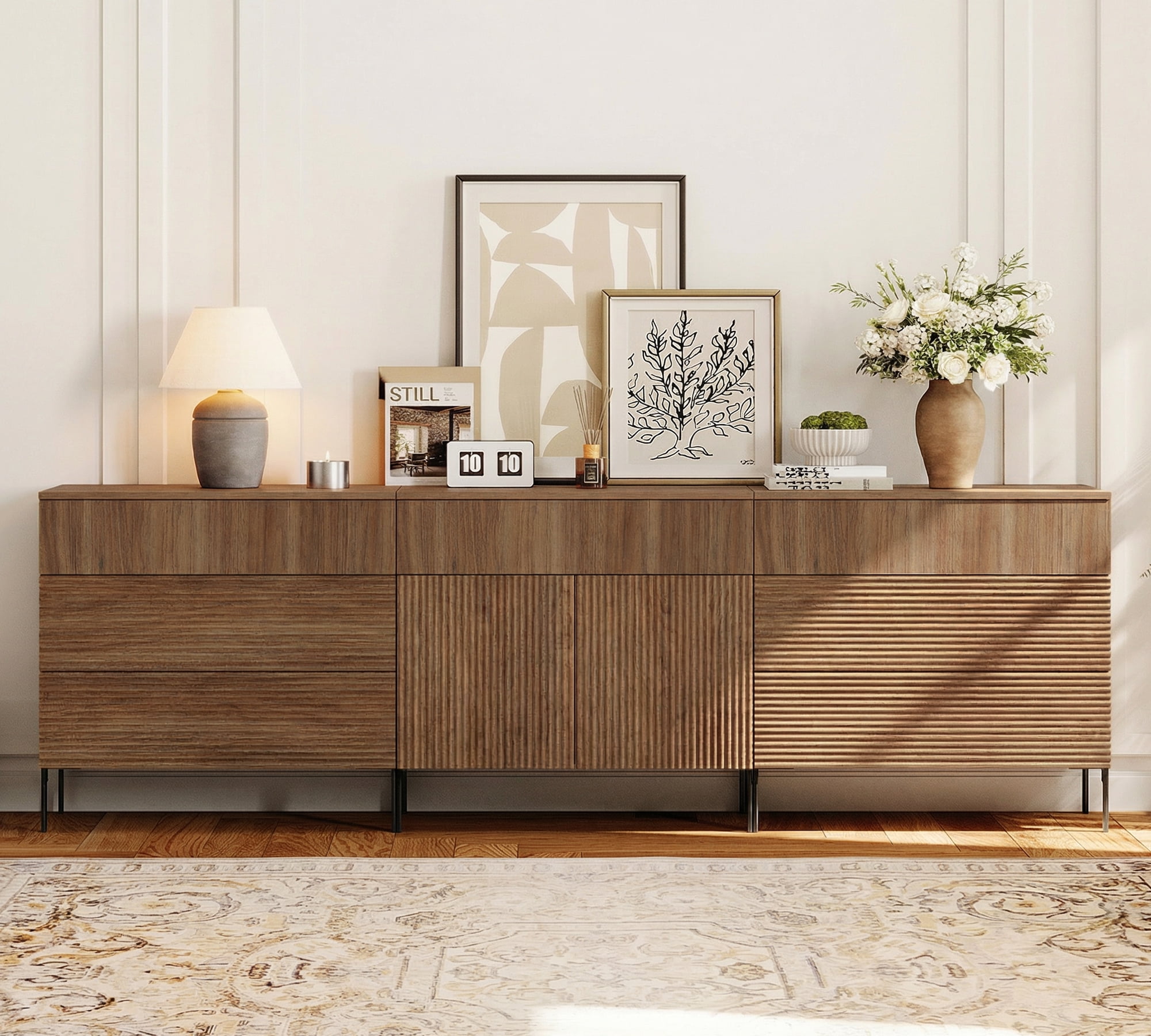 94.5" Reeded Accent Chest Set with Doors and Drawers, Modern Credenza Storage Cabinet with Metal Legs for Living Room, Kitchen, Dining Room, Hallway