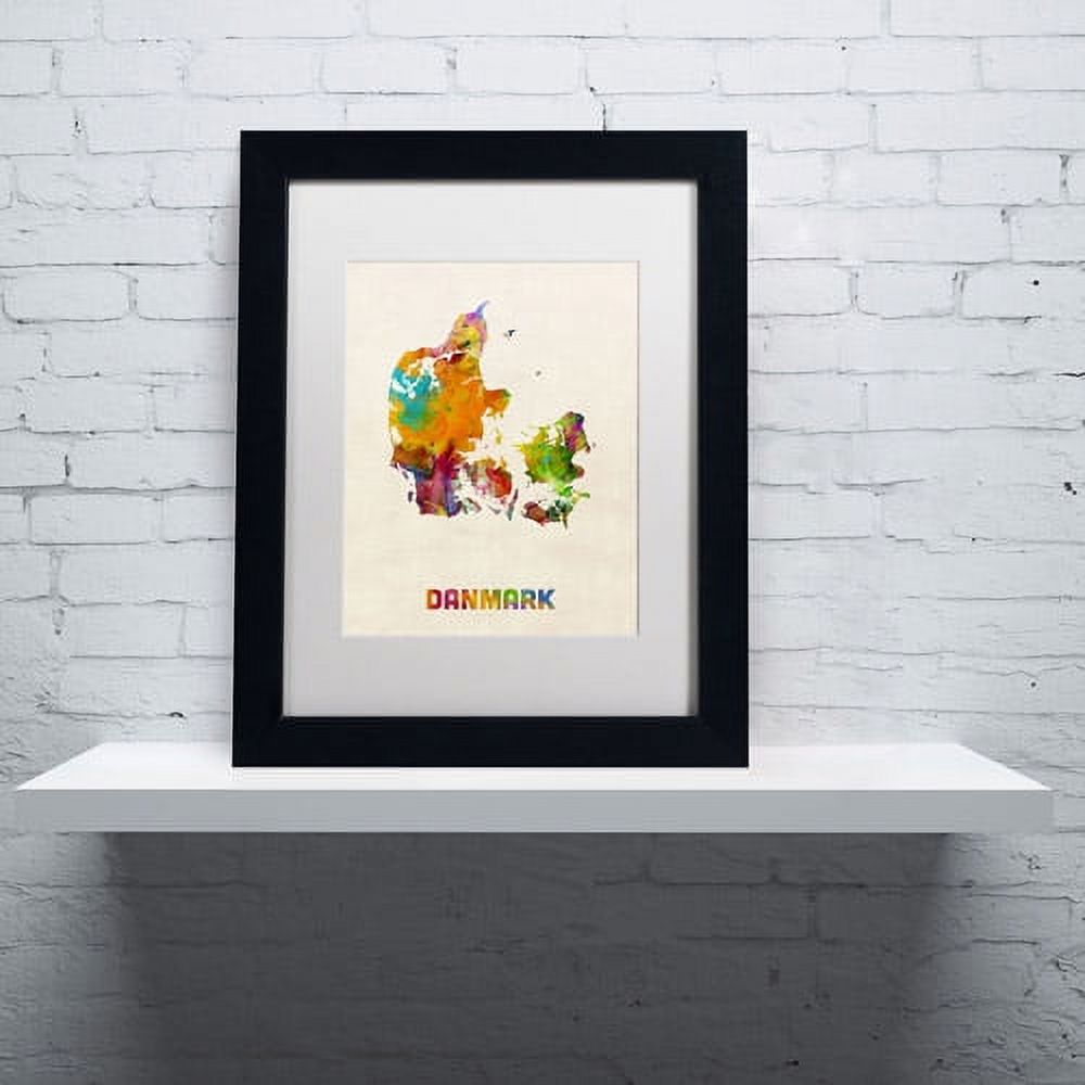 Trademark Fine Art "Denmark Watercolor Map" Canvas Art by Michael Tompsett, White Matte, Black Frame