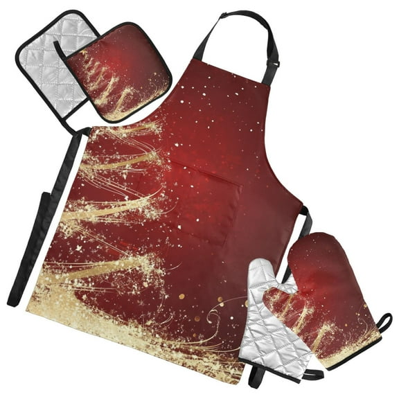 Golden Hand Painted Christmas Tree Apron Set with Oven Mitts Pot Holders Set of 5 Kitchen Stuff Accessories