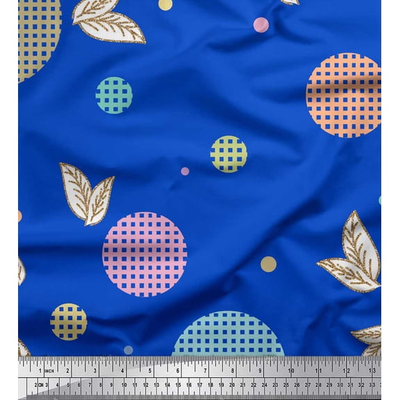 Soimoi Blue Silk Fabric Check,Leaves & Dots Printed Fabric 1 Yard 42 Inch Wide