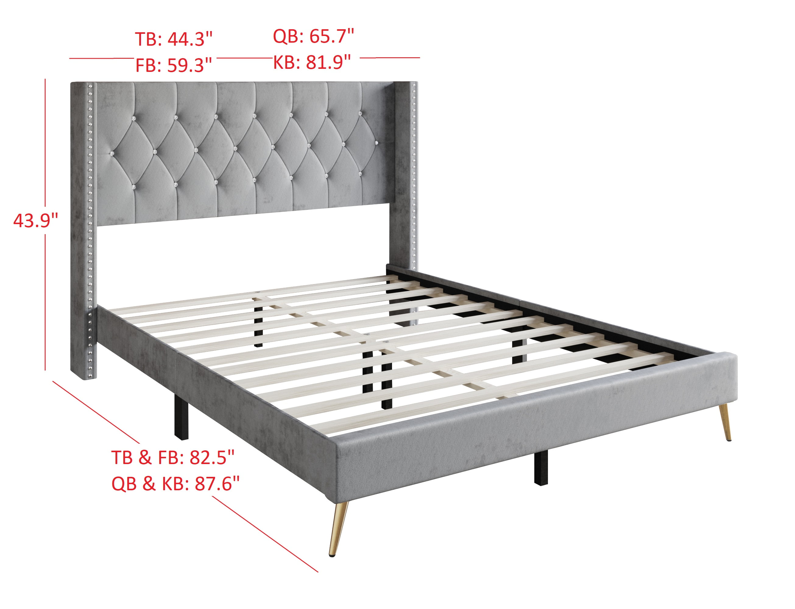 Home Design Homer Twin Diamond Tufted and Nailhead Trim Velvet Wingback Platform Bed Frame for Adult, Silver Gray, Easy Assembly