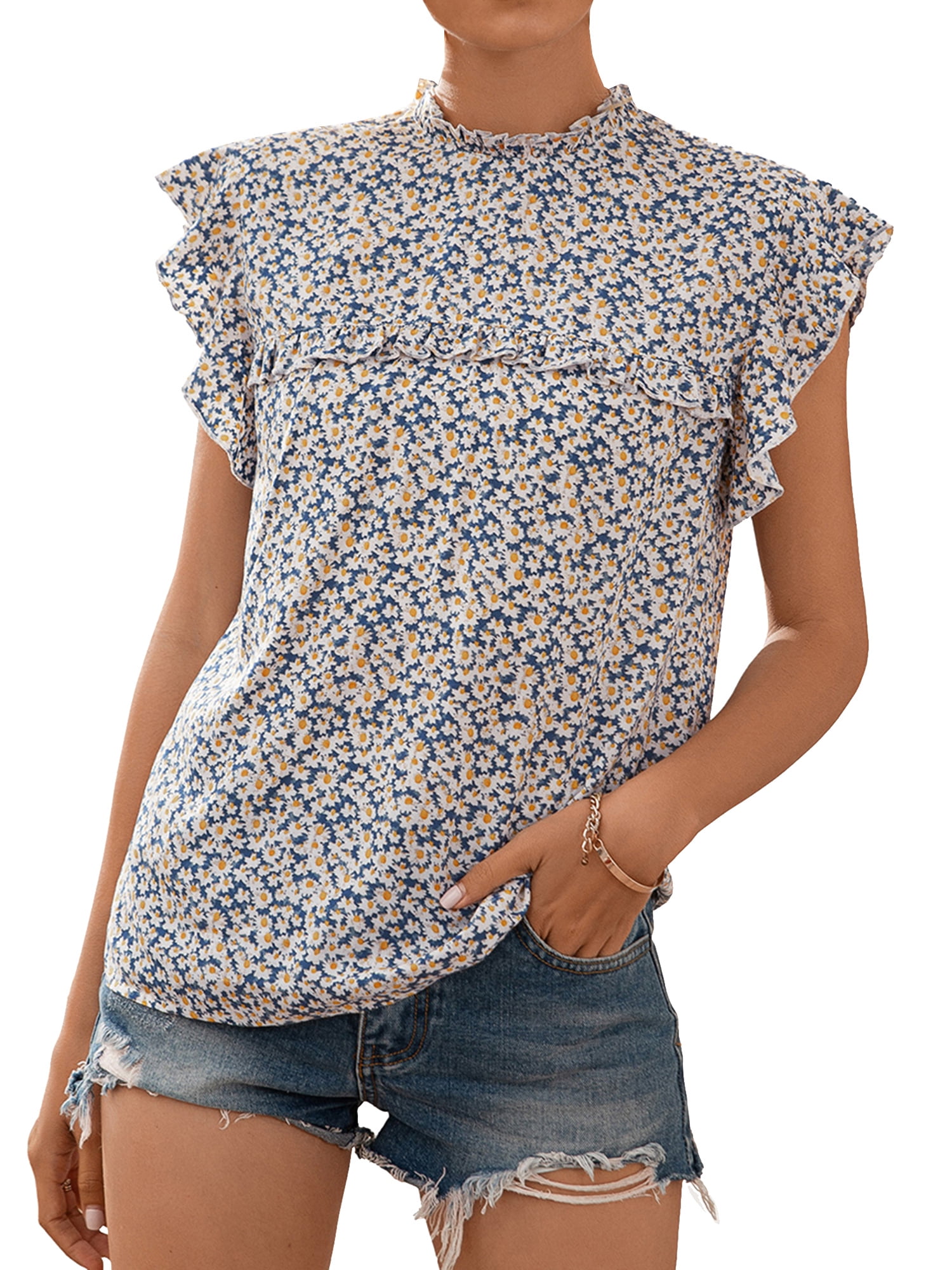 ZXZY Women Floral Ruffle Keyhole Back Short Sleeve Shirt