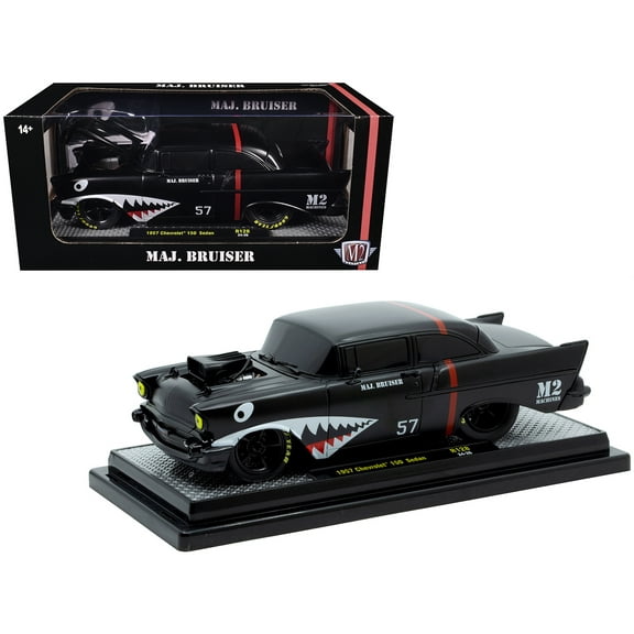 1957 Chevrolet 150 Sedan "Maj. Bruiser" Matt Black with Red and Shark Mouth Graphics 1/24 Die Cast Model Cars by M2 Machines