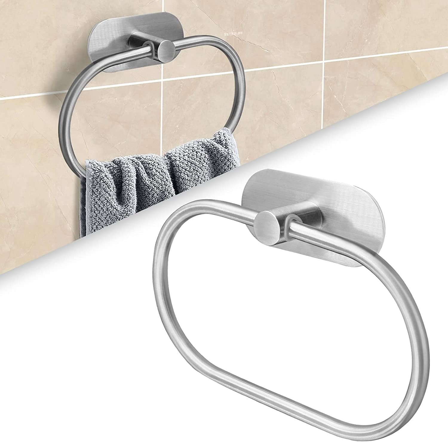 Self Adhesive Towel Ring Brushed Nickel, Oval Shaped Modern Hand Towel Holder, Stainless Steel