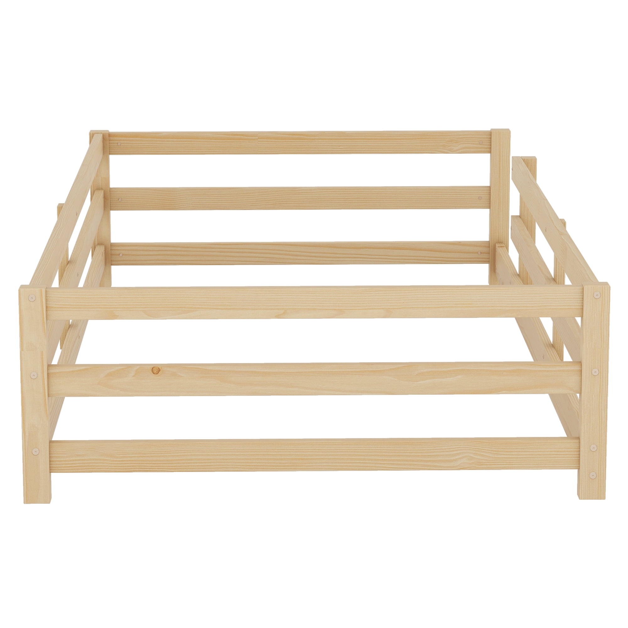 Floor Bed, Twin Size Montessori Bed Frame, Wood Floor Bed with Fence and Guardrails, No Box Spring Needed, Natural Wood Finish