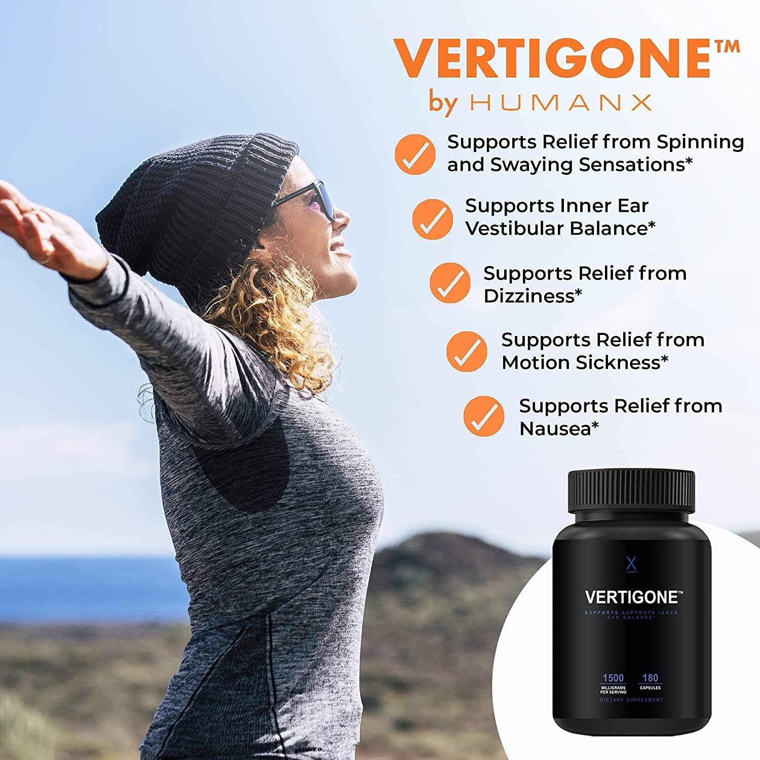 VertiGone - Vertigo Supplement - USA Third Party Tested - Natural Inner Ear Supplement - For Motion Sickness, Nausea, Spinning and Swaying Sensations - Inner Ear Balance - By Humanx