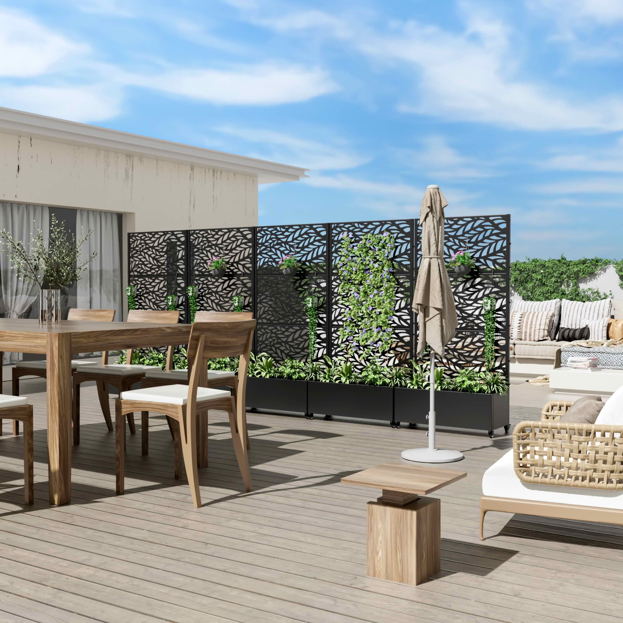 MAYEERTY Black Rectangular Metal Planter Box with Trellis, Outdoor Garden Patio, 72×35×16in, 3 Panels