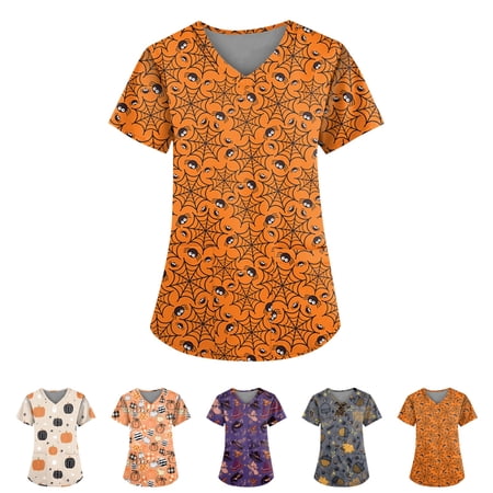 OIOLOYJM Halloween Womens Short Sleeve Tops Happy Funny Graphic Stretchy V-Neck Scrub Tops Novelty Holiday Scrub Shirts with Pockets
