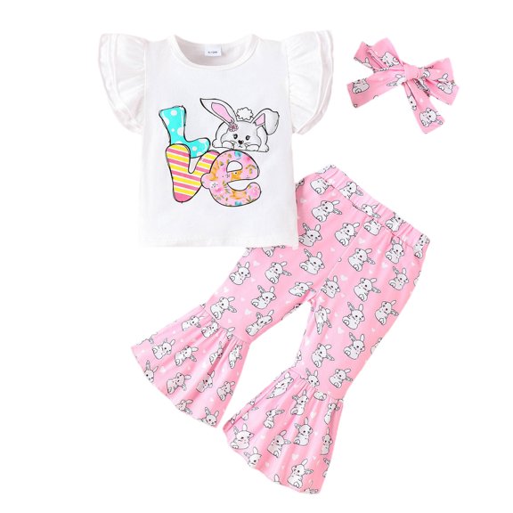 Rhuody Cute Easter Outfits For Girls Short Sleeve 3Pcs Clothes Set Cartoon Prints Tops And Pants For Children Clothes Round Neck Nightwear Adorable Spring Clothes 12-18 Months Pink