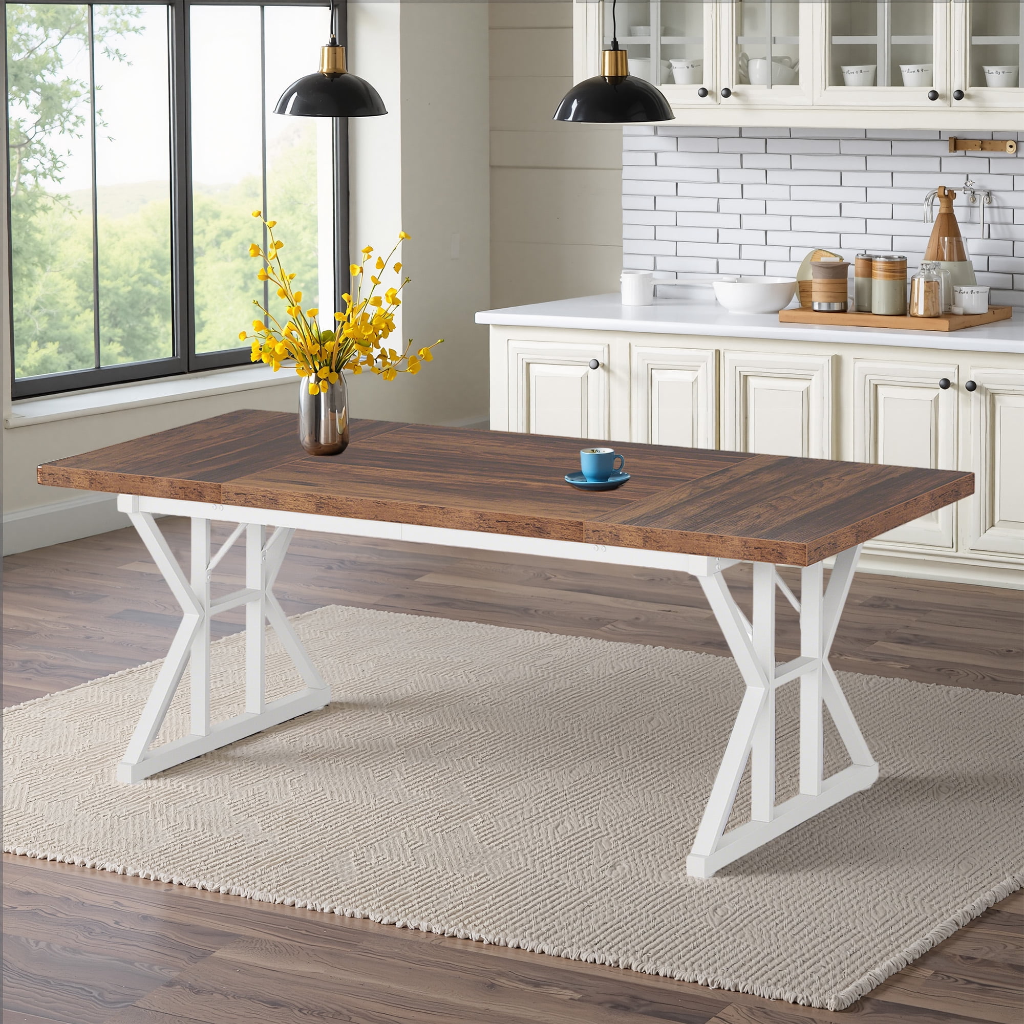 MAYEERTY 70.86" Farmhouse Rectangular Dining Table, Vintage Brown Wood Top White X Trestle Metal Base, Seats 6 Multi-Purpose Kitchen Conference Desk