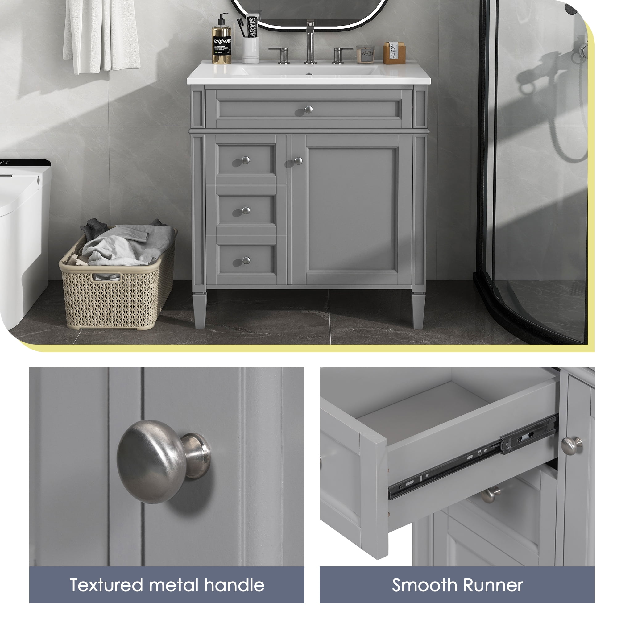 Harper & Bright Designs 30" Bathroom Vanity with Sink, Bathroom Storage Cabinet with Drawers, Single Sink Bathroom Vanity, Grey