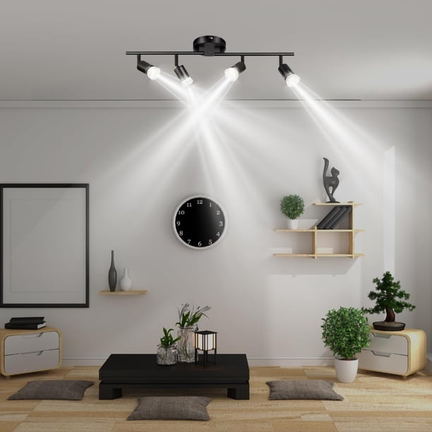 Kit de Iluminacion de Riel de 4 Vias Lampara de Techo Moderna con Cabezal Giratorio y Luz Direccional Diseno Industrial Negro para Sala Cocina o Pasillo