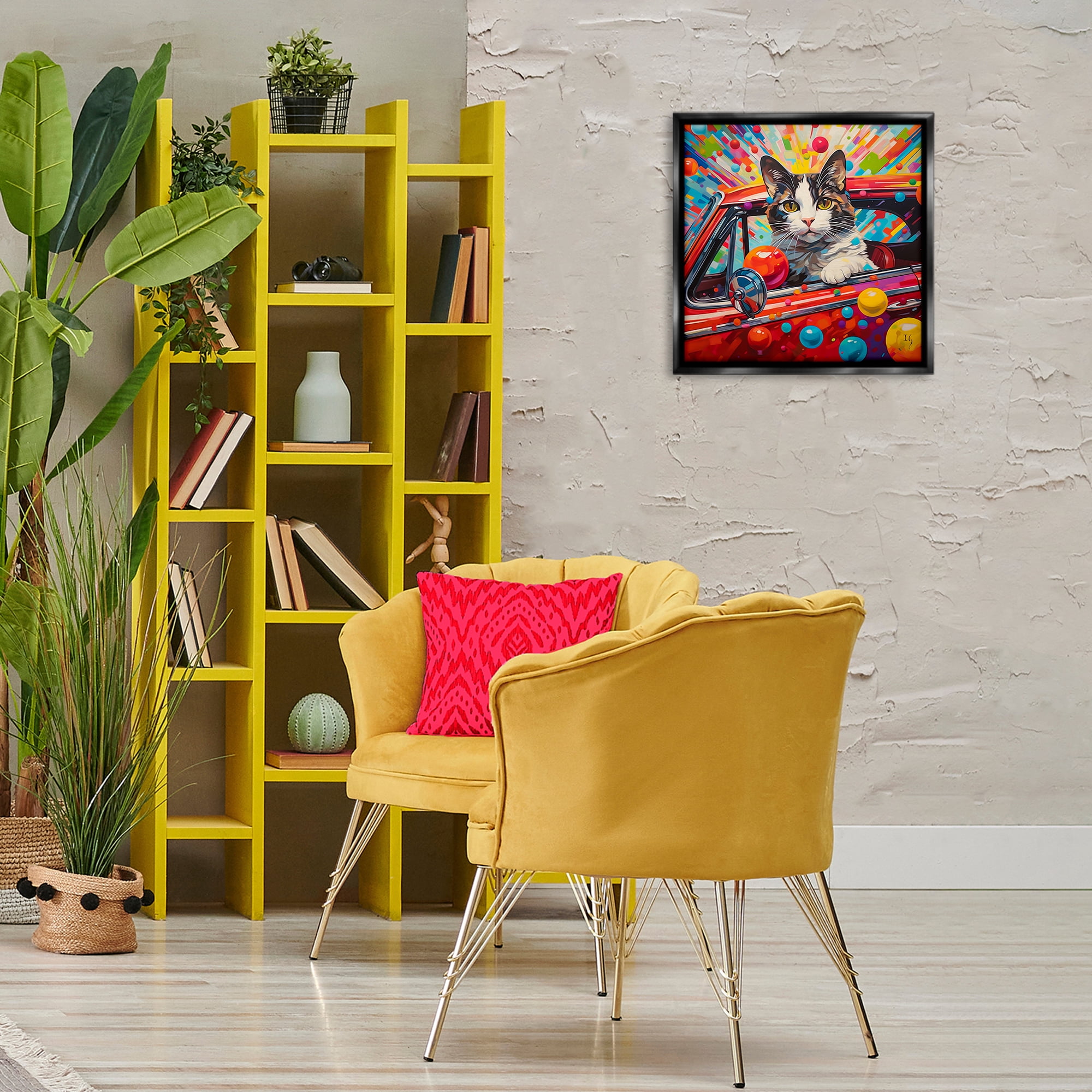 Stupell Industries Driving Cat with Bold Pattern Animals & Insects Painting Black Floater Framed Canvas Art Print Wall Art, 18 x 18
