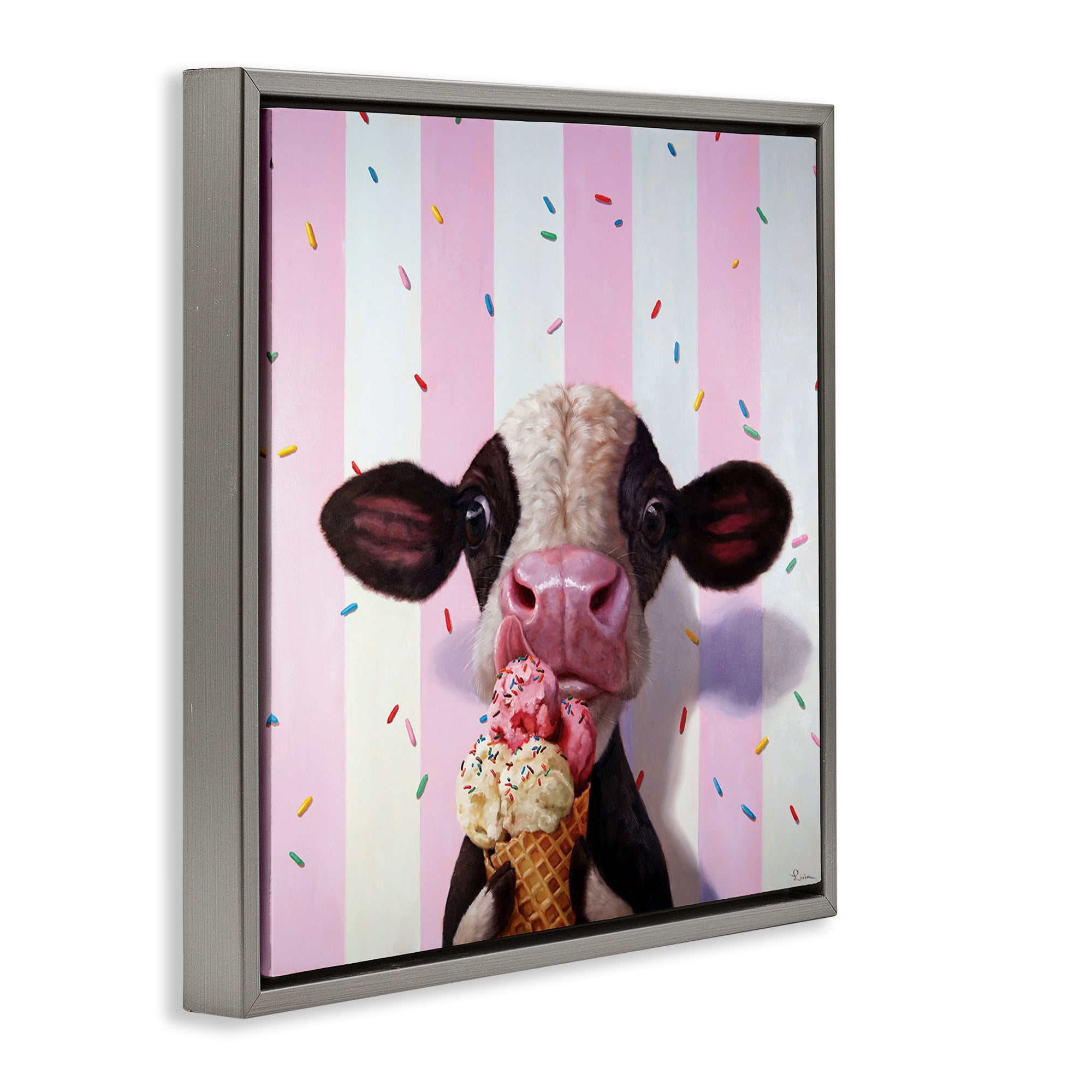 Stupell Industries Cow with Ice Cream Cone Animals & Insects Painting Gray Floater Framed Canvas Art Print Wall Art, 18 x 18