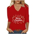 thumbnail image 2 of Blouse for Women 3/4 Sleeve Christmas Print V-neck T-shirt Loose Top,Tops for Women Red L, 2 of 5