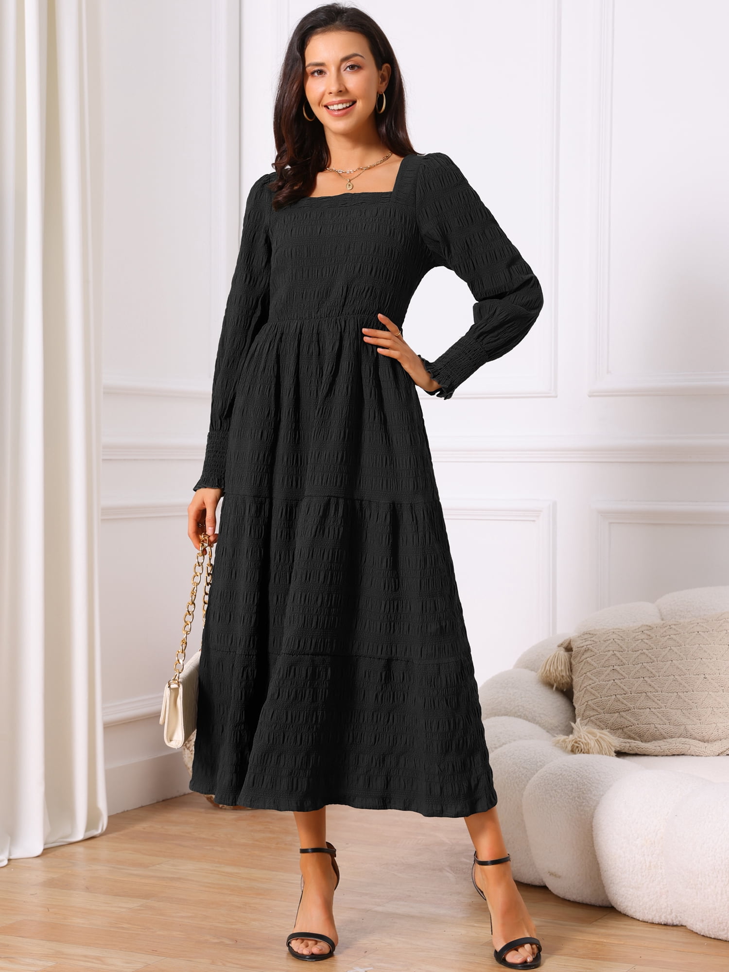 DARING DIVA Women's Long Sleeve Square Neck Flowy Tiered Maxi Dress M Black