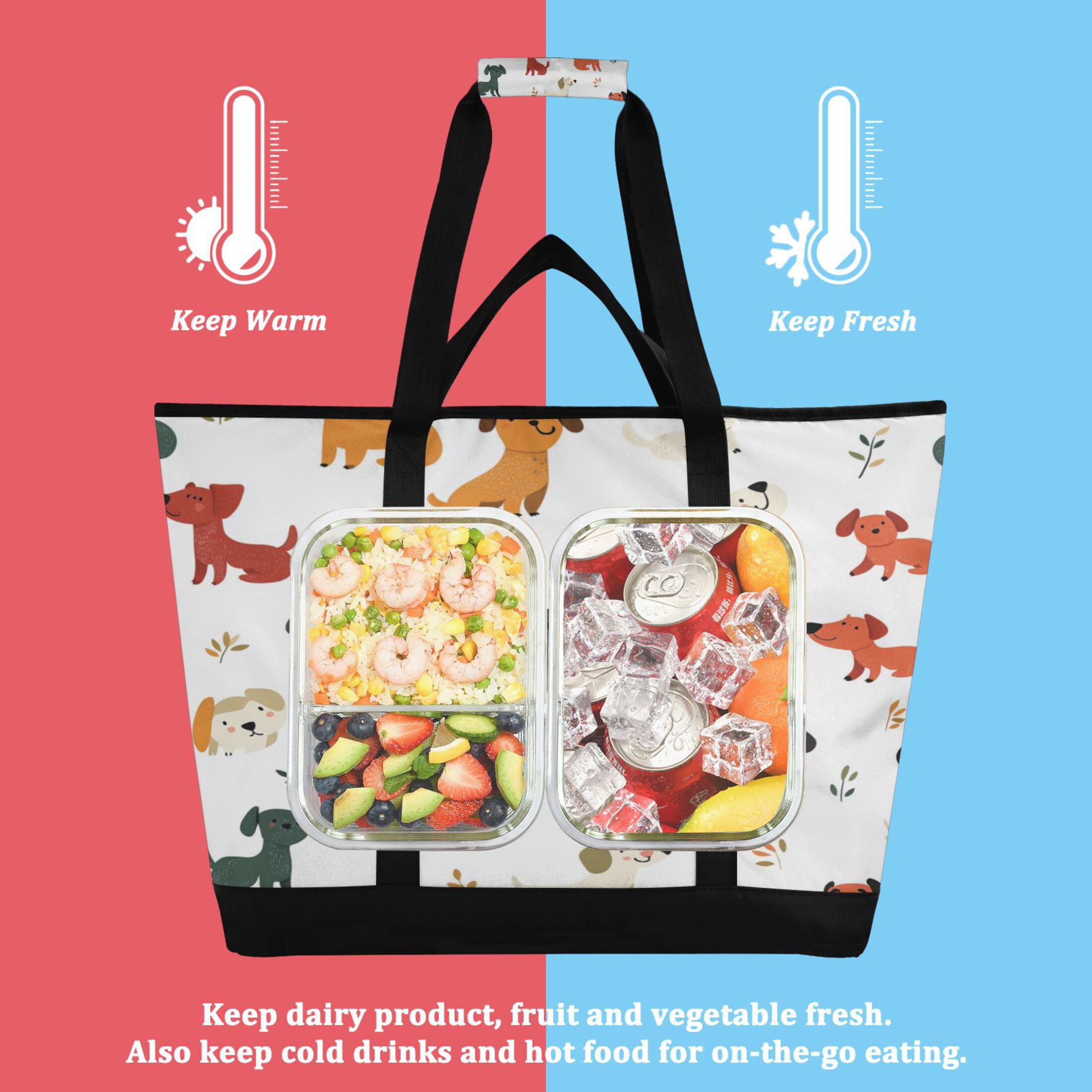 Large Hand-held Ice Pack Picnic Bag Insulation and Refrigeration Suitable for Shopping Picnics and Camping Super Cute Puppy