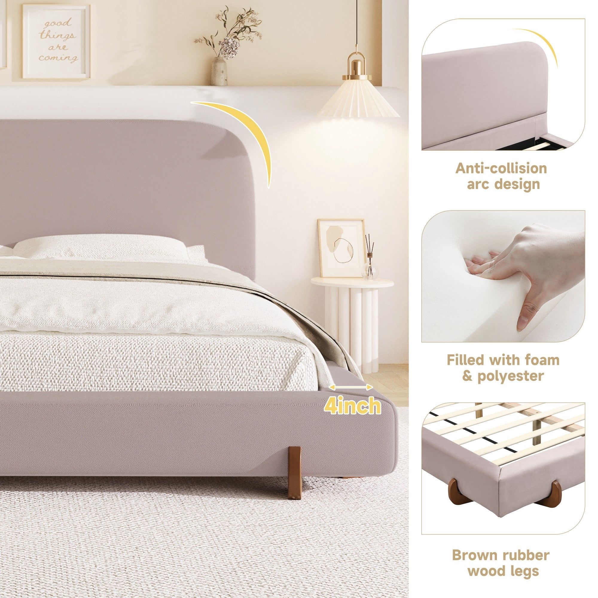 Sailvan California King Upholstered Bed Frame with White Fabric and Brown Solid Rubber Wood Legs,4-Inch Thick Rails,Modern Style Bed,Pink