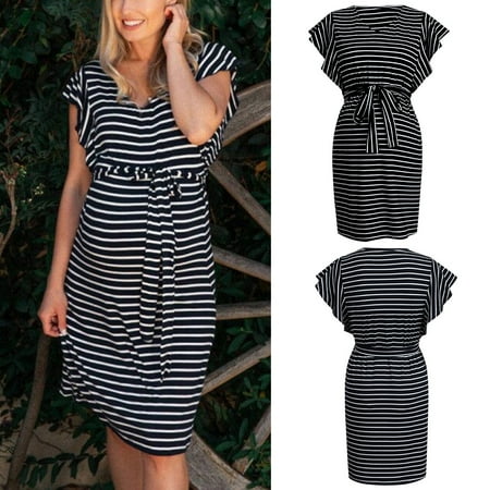 

ViLaViDe Women s Pregnant Maternity Ruffle Short Sleeve Striped Print Dress With Belt Summer Dresses with Long Sleeves Gray Woman Shirt Long Zipper Sweater with Sleeve Black S