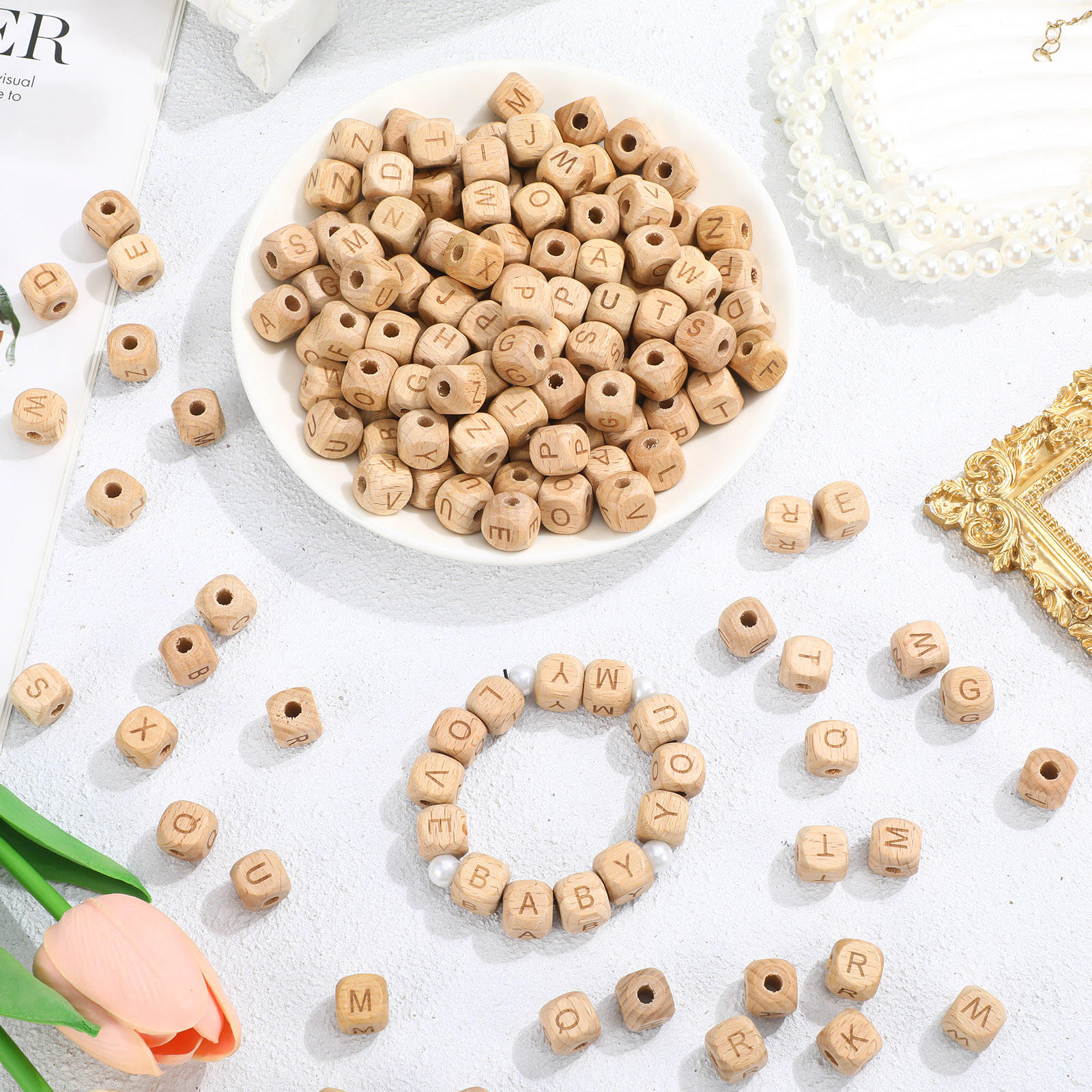 HOOWIFFY 260-Piece Natural Beech Wood Alphabet Beads Set for Jewelry Making, Crafting, Accessories and Projects