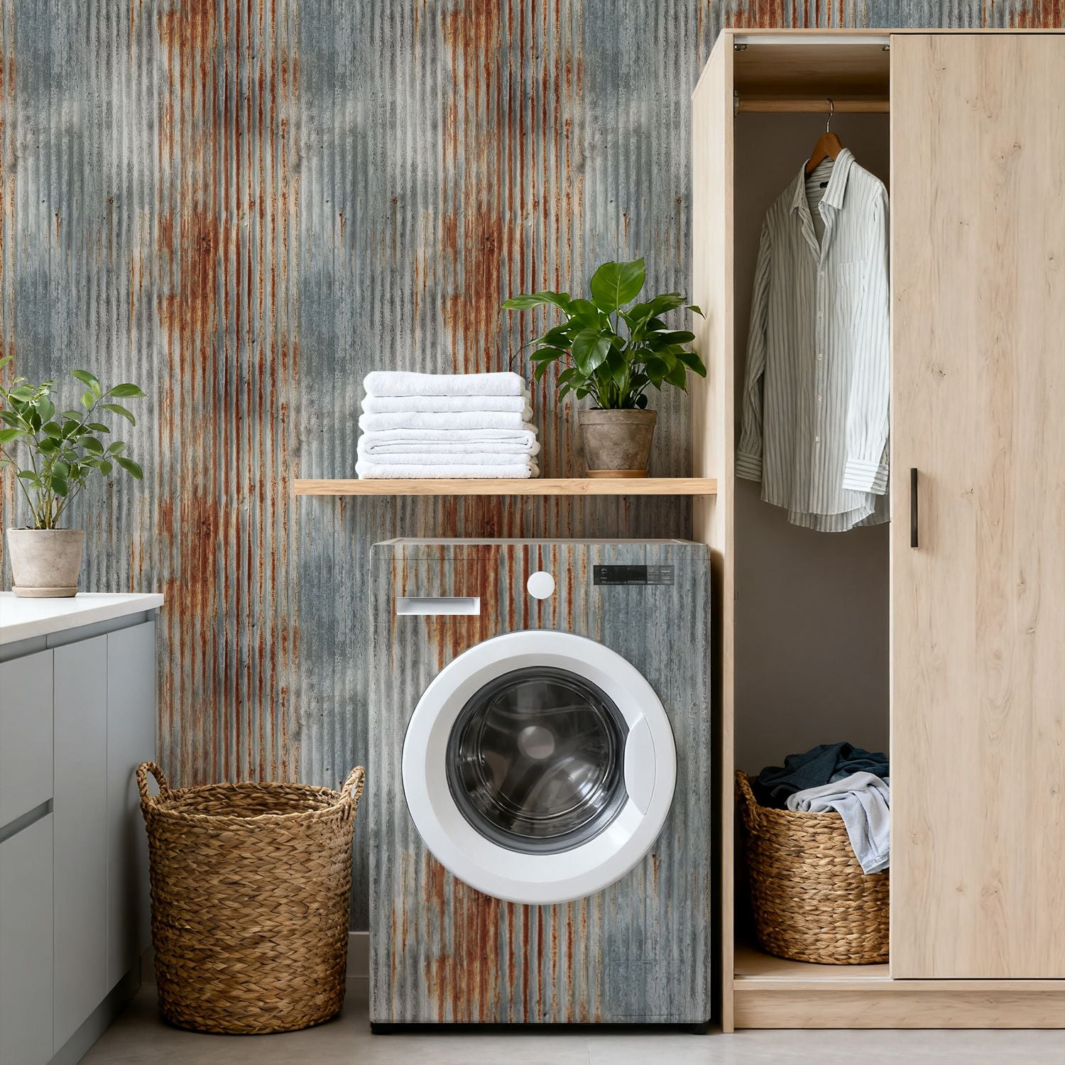 Modern Industrial Rusty Corrugated Metal Texture Weathered Gray Orange Patina Wall Mural 17.7in x 9.8ft Self Adhesive Removable Wall Paper Renter Friendly Wallpaper for Bedroom Cabinets
