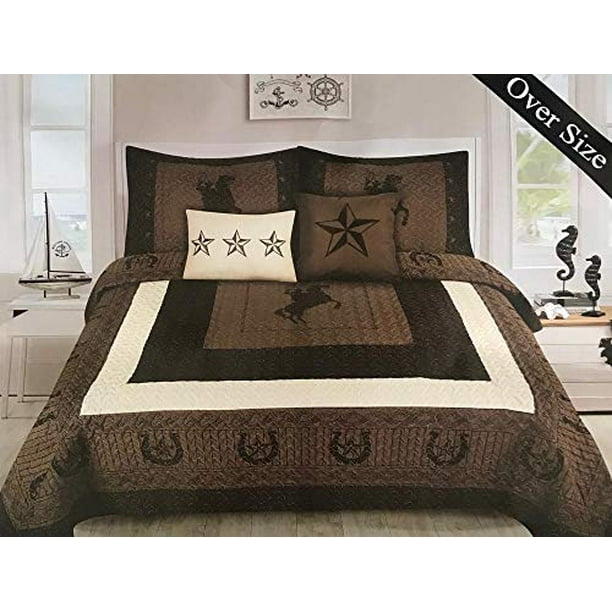 Linen Mart Queen Quilt 5 Piece Set Bedspread Coverlet Rustic Brown Beige Western Riding Cowboy Horseshoes Shams Pillows Comforter Walmart Com Walmart Com