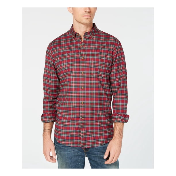 CLUBROOM Mens Red Plaid Collared Classic Fit Dress Shirt S