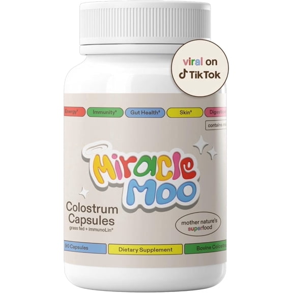 Miracle Moo Colostrum Supplement for Gut Health, Hair Growth, Beauty and Immune Support - Easy to Mix Grass Fed Bovine Powder - Highest IgG Plus ImmunoLin (30 Servings (Capsules))