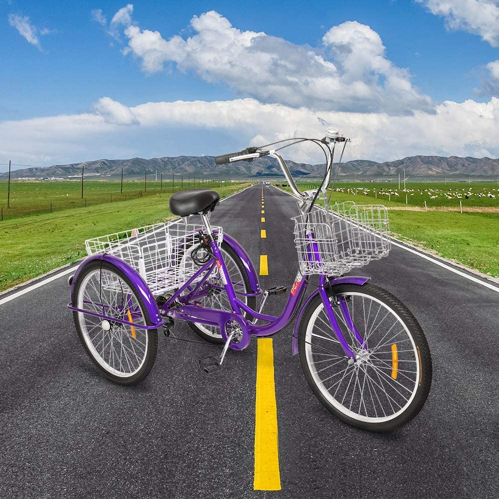PEXMOR Adult Tricycle 7 Speed, 24/26 Inch 3 Wheel Bikes Tricycle for Adults, Adult Trike for Women/Men/Seniors, Three Wheel Cruiser Bike w/Folding Front & Rear Basket for Shopping/Recreation/Picnic