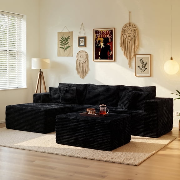 Ovios 108" Boneless Couch U-Shape Cloud Modular Sectional Couch with Chaise & Ottoman, Comfy Corduroy Sofa for Living Room, Apartment, Black