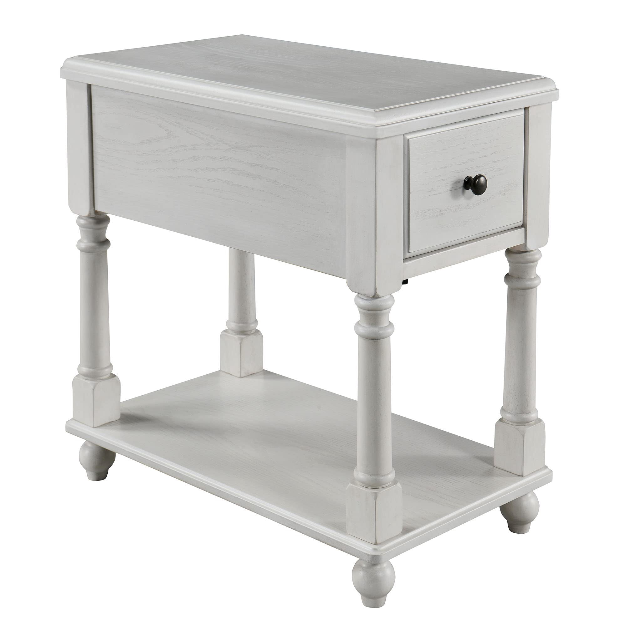 JESONVID Narrow Open End Table with Drawer, Solid Wood Side Table 2-Tier Skinny Table with Storage Shelves Slim Nightstand Small Sofa End Table for Living Room Bedroom，Antique White