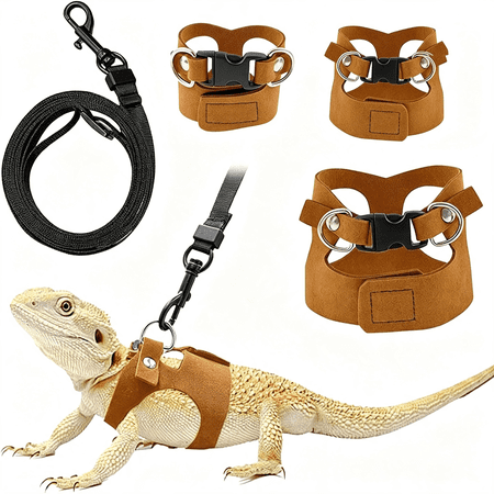 SUBAI Bearded Dragon Leash and Harness Set - 3-Size Adjustable Soft Leather Vest for Training & Walking Easy-On-And-Off Design (Brown) (Brown 2M) Durable Bearded Dragon Leash