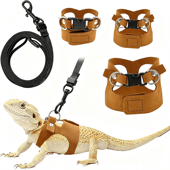 SUBAI Bearded Dragon Leash and Harness Set - 3-Size Adjustable Soft Leather Vest for Training & Walking, Easy-On-And-Off Design (Brown) (Brown, 2M) Durable Bearded Dragon Leash