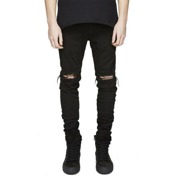 LONGBIDA Men's Slim Fit Ripped Stretch Skinny Jeans for Men, Distressed Tapered Leg Fashion Pants, Black, 34