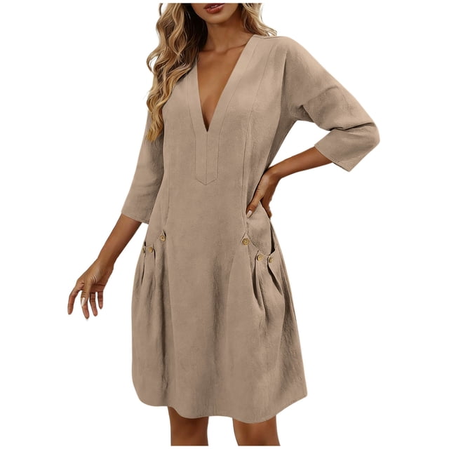 Vestido de Verano 3/4 Manga para las Mujeres Cuello en V Lino Vestido Suelto, Suelto Vestido Fluido para las Mujeres con Bolsillos Color Sólido
