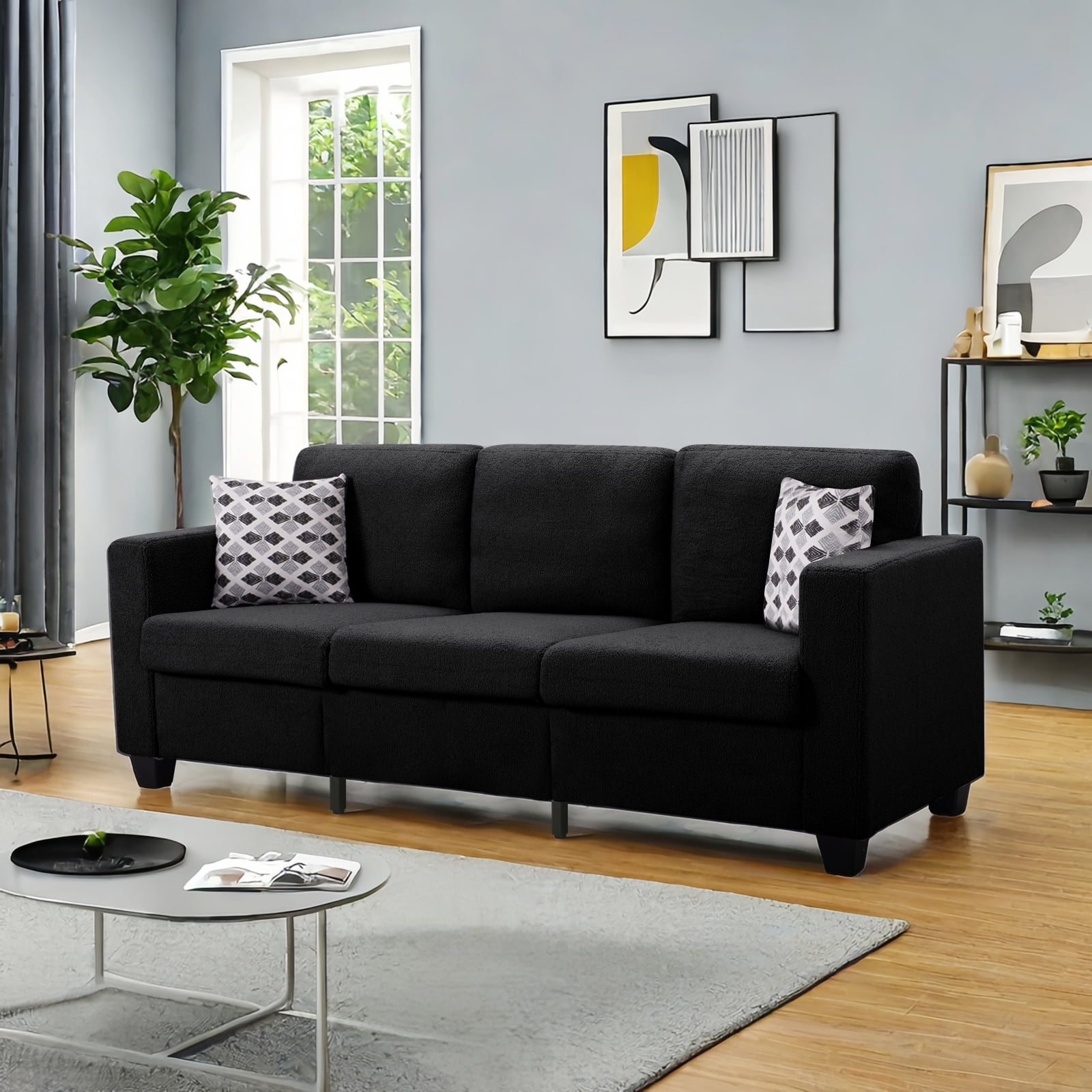 Gewnee 86.6”Teddy Velvet Sofa Couch,Comfy Extra Deep Seat 3 Seater Couches for Living Room with 2 Pillows.Black