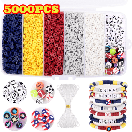 YanJici DIY Bracelet Making Kit, 5000pcs Flat Round Clay Beads with Letter and Sports Beads for Jewelry Making