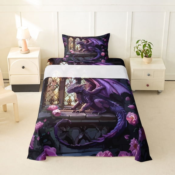 Feelyou Boho Gothic Rose Dragon Twin Sheet Sets for Men Women, Vintage Castle Animal Bedding, Purple Pink, 3 Pieces