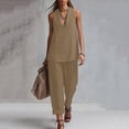 thumbnail image 2 of Ecqkame Two Piece Sets for Women Summer Casual V-Neck Tank Top and Wide Leg Pants Lightweight Vacation Solid Color Outfit Set Khaki L, 2 of 6