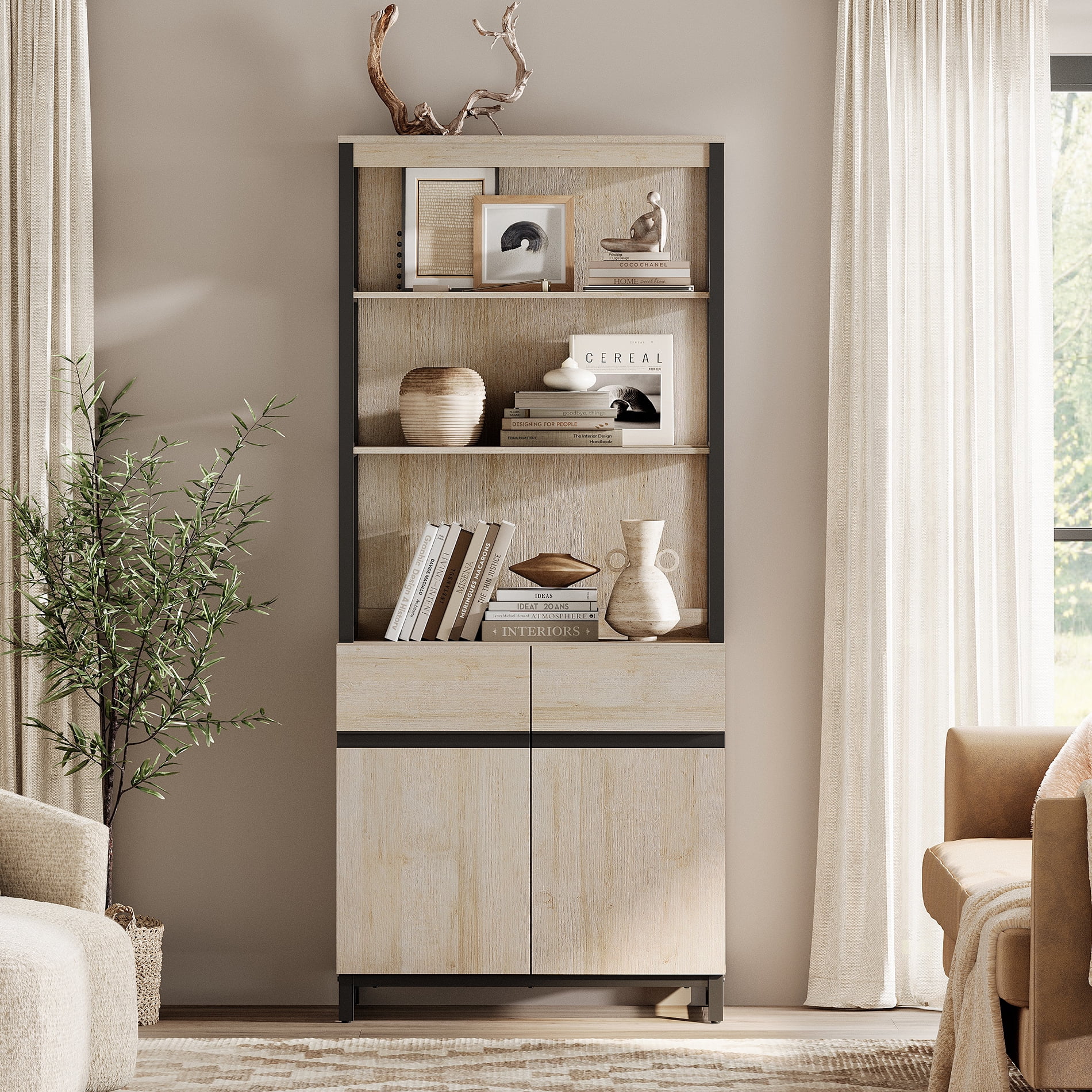 WAMPAT 3-Piece Modern 72" Tall Bookcase,6 Drawers & Adjustable Shelves with Storage Cabinet & Open Shelves, Freestanding Wood Library Bookshelf for Home Office & Living Room